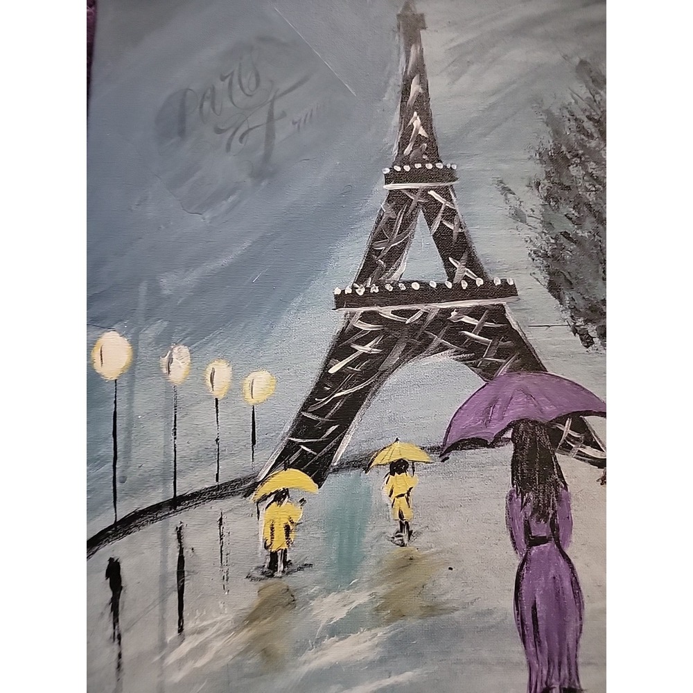 "Paris‎ Rain" Eiffel Tower Canvas Painting – Signed Winter 2014 – Purple Umbre - Picture 5 of 5